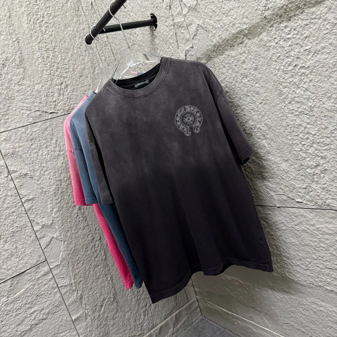 🅿️200 CH Croix Heart 2025 Summer New Style Heavy Acid Washing Gradient Distressing Chest Logo Classic Embroidery Customized Fabric Short Sleeve T-shirt Unisex Size: S M L